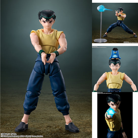 An action figure of Yusuke Urameshi from the anime Yu Yu Hakusho, featuring the character in various poses with a blue hairpiece and a spirit gun effect.