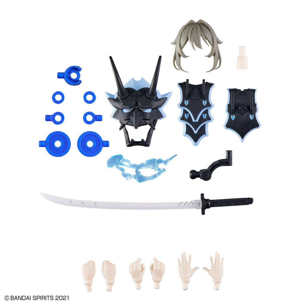 Collection of toy parts including a sword, helmet, and various accessories on a white background.