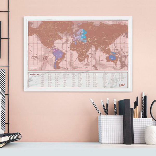 Scratch Map Rose Gold Travel in Frame Wall Decoration Poster Romantic Pink Color Gift Collectible